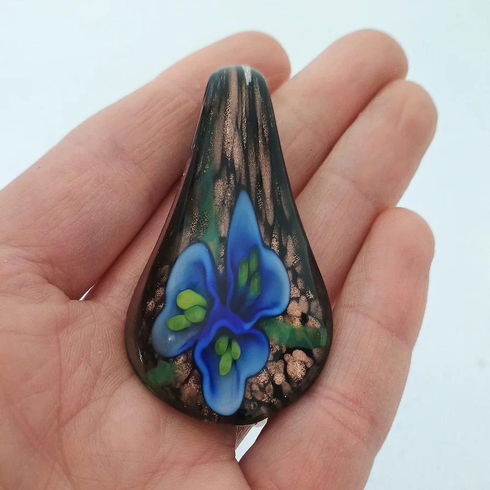 Lampwork Glass Teardrop Spoon Pendant Blue Lily Flower Gold Black